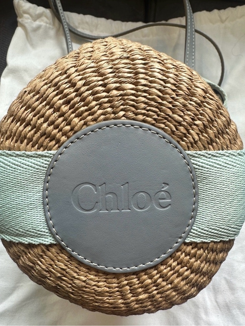 Chloe small Natural Straw Bucket Bag with Light Blue Logo Strap - Picture 3 of 6
